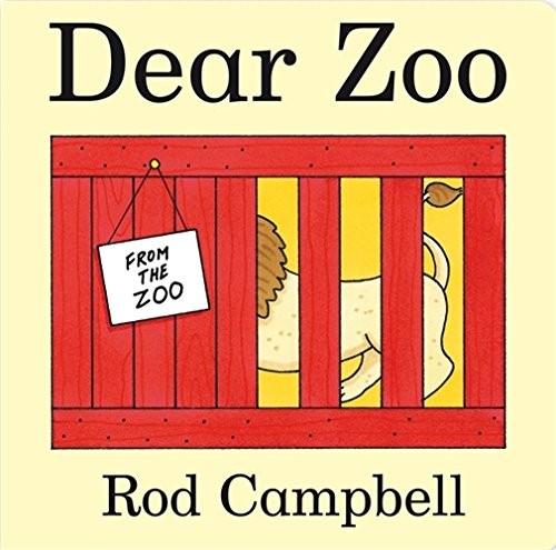 Dear Zoo 표지 — 빨간 나무 상자 안에 'FROM THE ZOO' 팻말과 갇힌 동물이 보이는 로드 캠벨의 플랩북