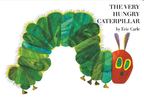 The Very Hungry Caterpillar 표지 — 에릭 칼이 그린 초록색 애벌레와 빨간 얼굴