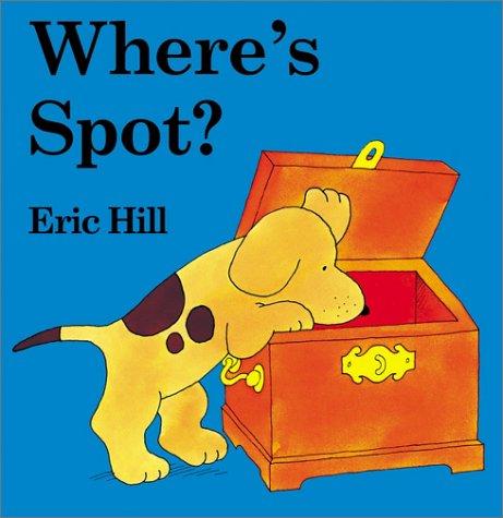 Where's Spot? 표지 — 파란 배경에 나무 상자를 들여다보는 노란 점박이 강아지 스팟